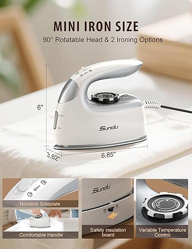 Miniatura 2 de Sundu Mini plancha de viaje con vapor, suela antiadherente portátil de 1000 W, plancha de vapor Samll para acolchar y coser, 300 agujeros de