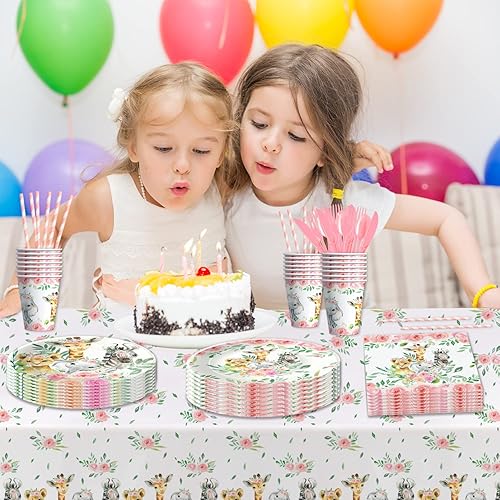 Miniatura 6 de Decoraciones de cumpleaños de safari para niña, suministros de fiesta temática de selva, plato, taza, servilleta, mantel, cubiertos, pajilla, safari