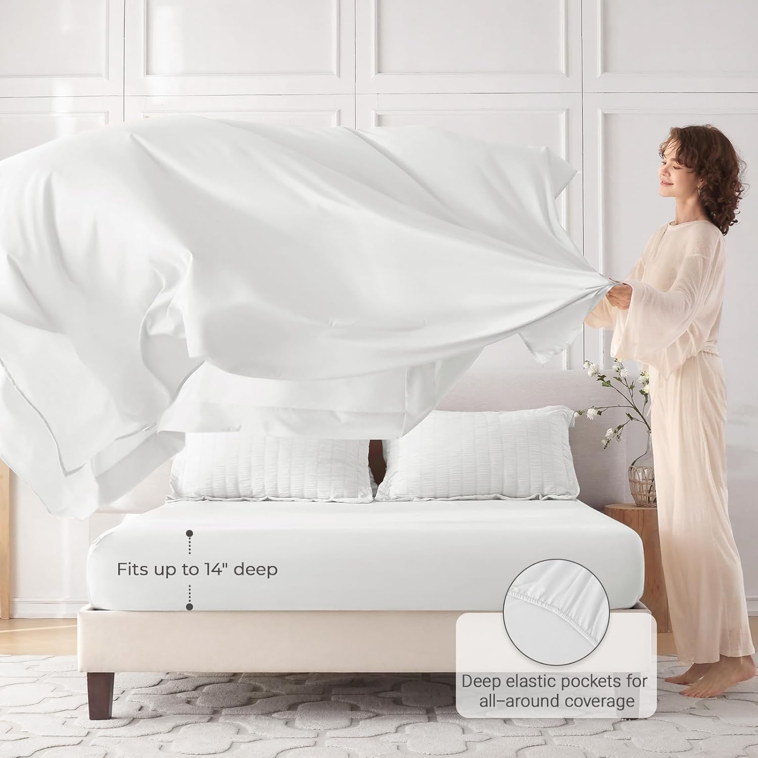 MUXHOMO 7 Pieces Full Comforter Set, Seersucker Bed in a Bag Full Size, All Season Luxury Bedding Set with Comforter, Flat Sheet, Fitted Sheet, Pillowcases & Shams, White - Image 3