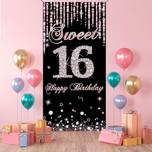 Miniatura 6 de HTDZZI Sweet 16 Birthday Door Backdrop Rose Gold, Sweet Sixteen Party Decorations, Happy 16th Birthday Decorations for Girls, 16 Year Old Birthday