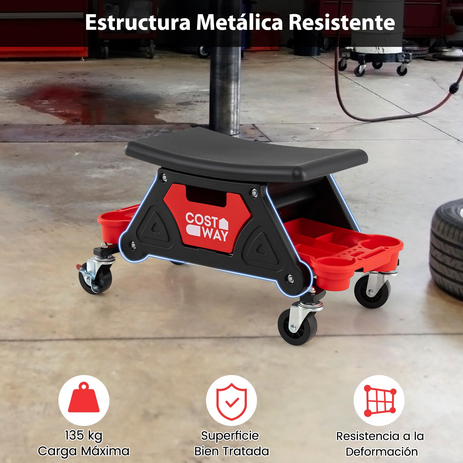 COSTWAY Taburete de Taller con Ruedas, Taburete Mecánico con Ruedas, Cajón Deslizante y 2 Bandejas Compartimentadas, Asiento Automotriz para Reparación de Autos, Capacidad de 135KG