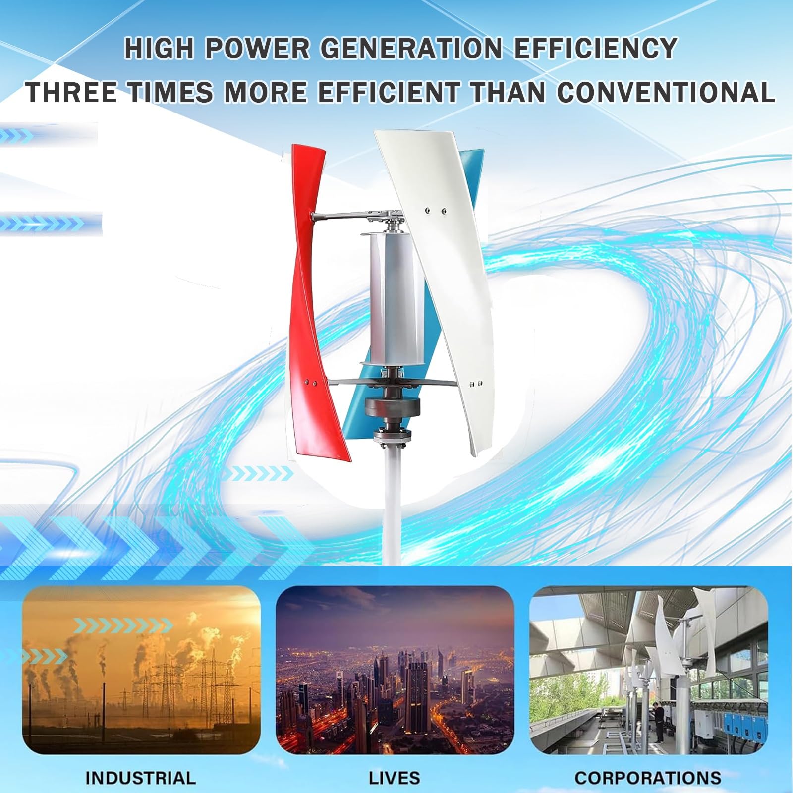 Kit generatore eolico verticale da 18000 W, per uso domestico ed esterno, compatibile con 12 V/24 V/48 V, 3 pale a magnete permanente, sistema ibrido di energia eolica e solare, colorato.