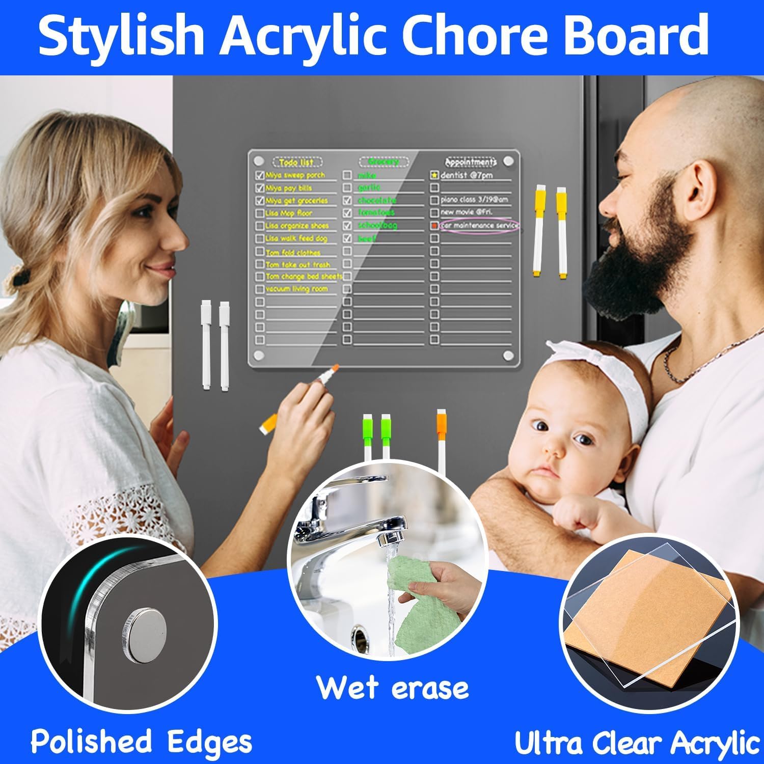 PigPotParty Pizarra blanca magnética de acrílico para nevera, pizarra blanca transparente de borrado en seco de 12 x 9.5 pulgadas, lista de comestibles para nevera, lista de comestibles, lista de