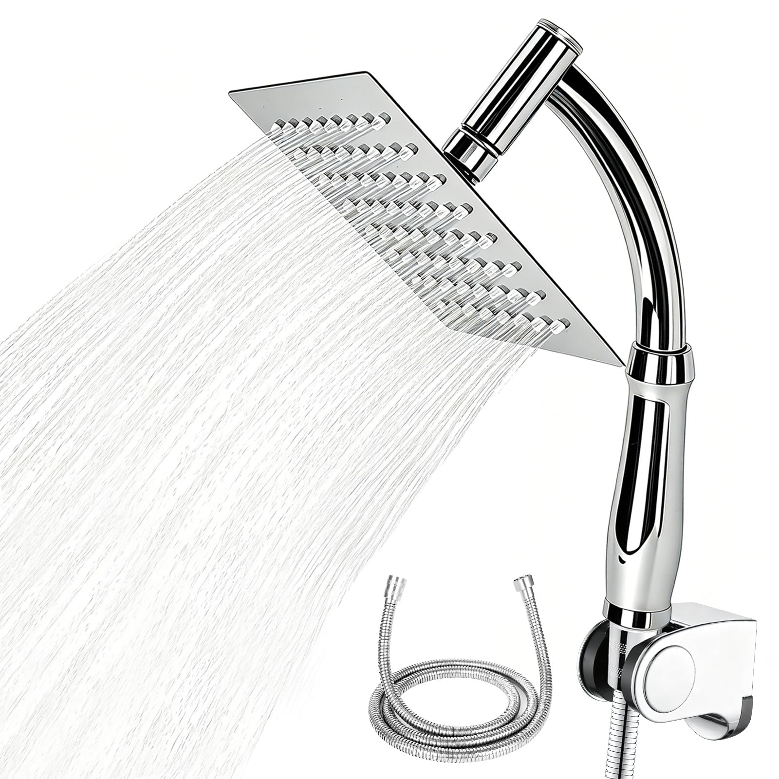 Grande soffione doccia quadrato a pioggia, 20,3 cm, in acciaio inox, con kit di staffe e tubo, soffione doccia a cascata per un'esperienza doccia lussureggiante, facile installazione (argento)