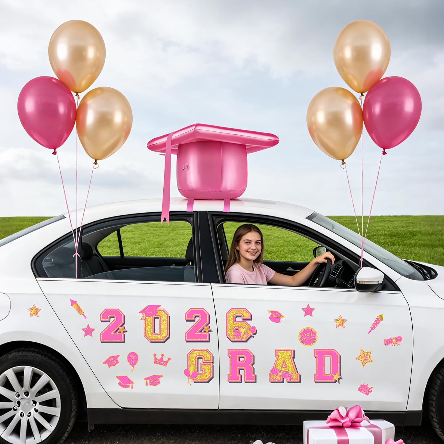 2026 Graduation Cap Car Decorations Kit, 20 Inch Pink Inflatable Graduation Cap Car Topper with 24 Rose Gold Graduate Car Magnets Class of 2026 Grad Decor for College High School Commencement Party