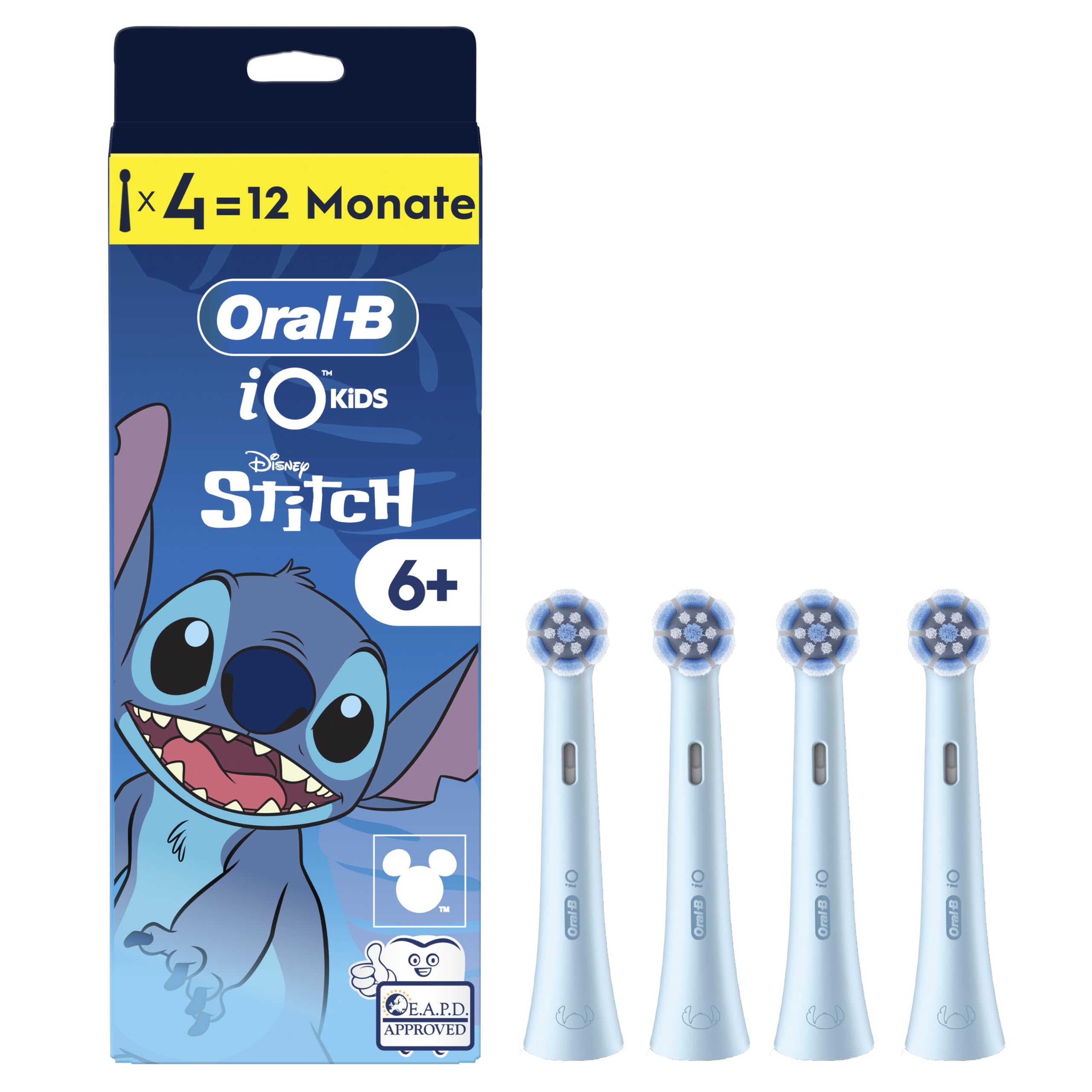 Oral-B iO Aufsteckbürsten Kids 6+ Disney Stitch, Blau, 4 Stück | Original Zahnbürstenaufsatz für Elektrische Zahnbürste Kinder ab 6 Jahren, Sanft zu Zähnen Und Zahnfleisch