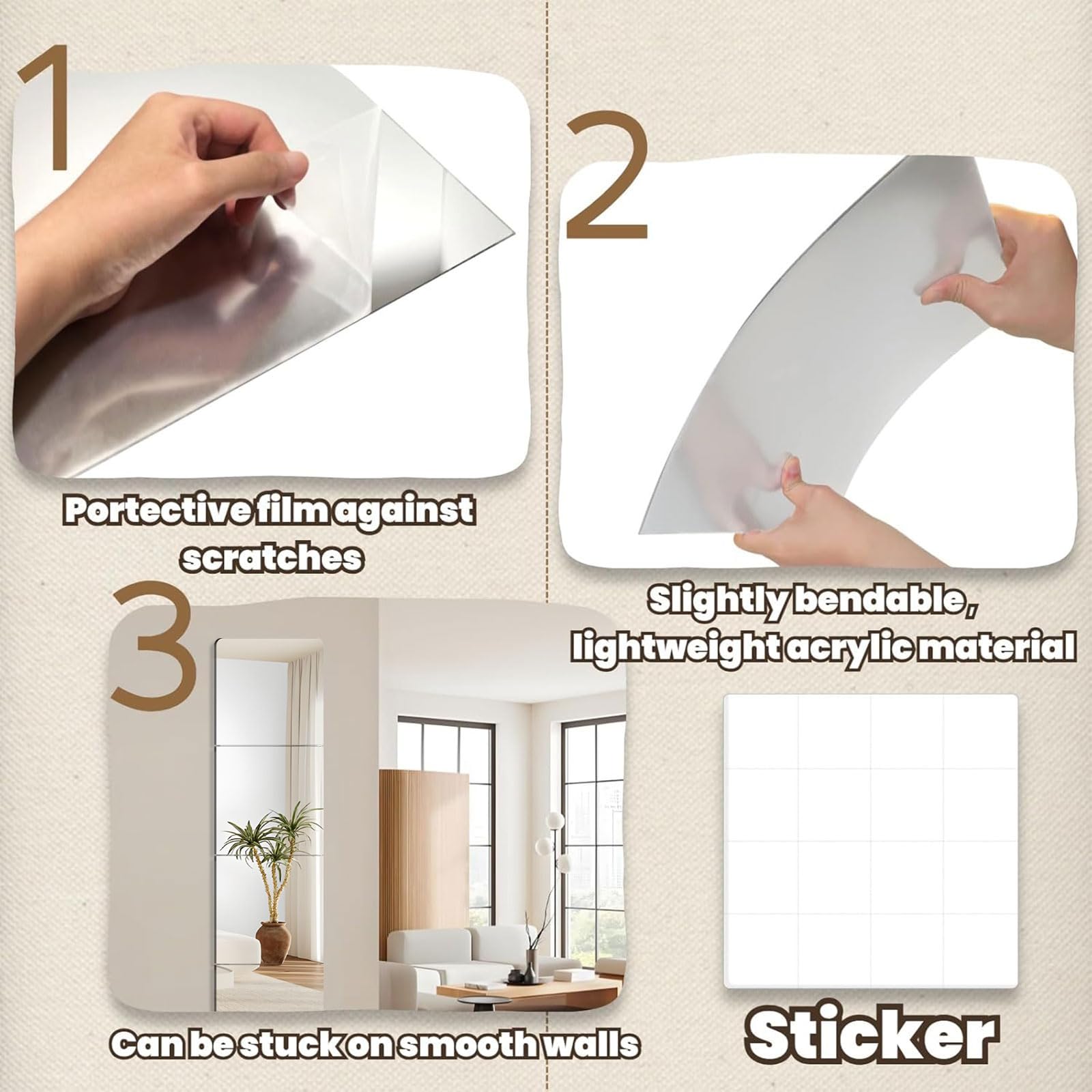 4 Pezzi Specchio Adesivo da Parete, Specchi Adesivi 30x30cm, Acrilico Specchio Adesivo Armadio Interno per Camera da Letto, Soggiorno, Bagno