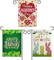 JQAQJU Valentine St. Patrick's Easter Garden Flags 3-Pack - Double-Sided Linen 12x18" Weather-Resistant Outdoor Yard Decor