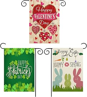 JQAQJU Valentine St. Patrick's Easter Garden Flags 3-Pack - Double-Sided Linen 12x18" Weather-Resistant Outdoor Yard Decor