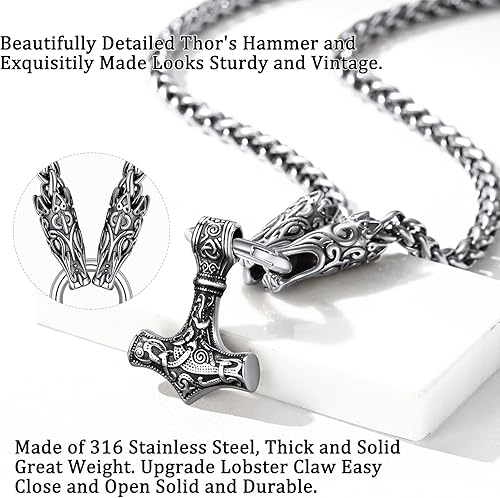 Miniatura 3 de Bestyle Collar vintage de martillo de Thor para hombres y niños, colgante de martillo de acero inoxidable Mjolnir, potente amuleto de runa Noridc
