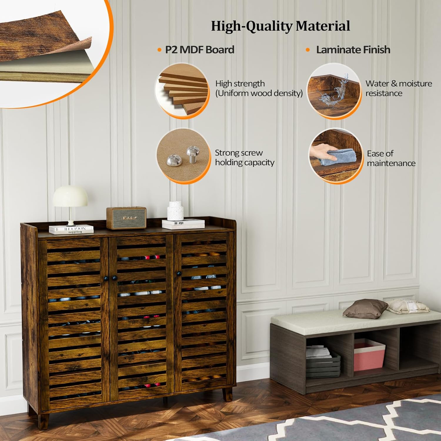 Diagram illustrating the high-quality materials used in the VINGLI Shoe Cabinet, including P2 MDF board and laminate finish.