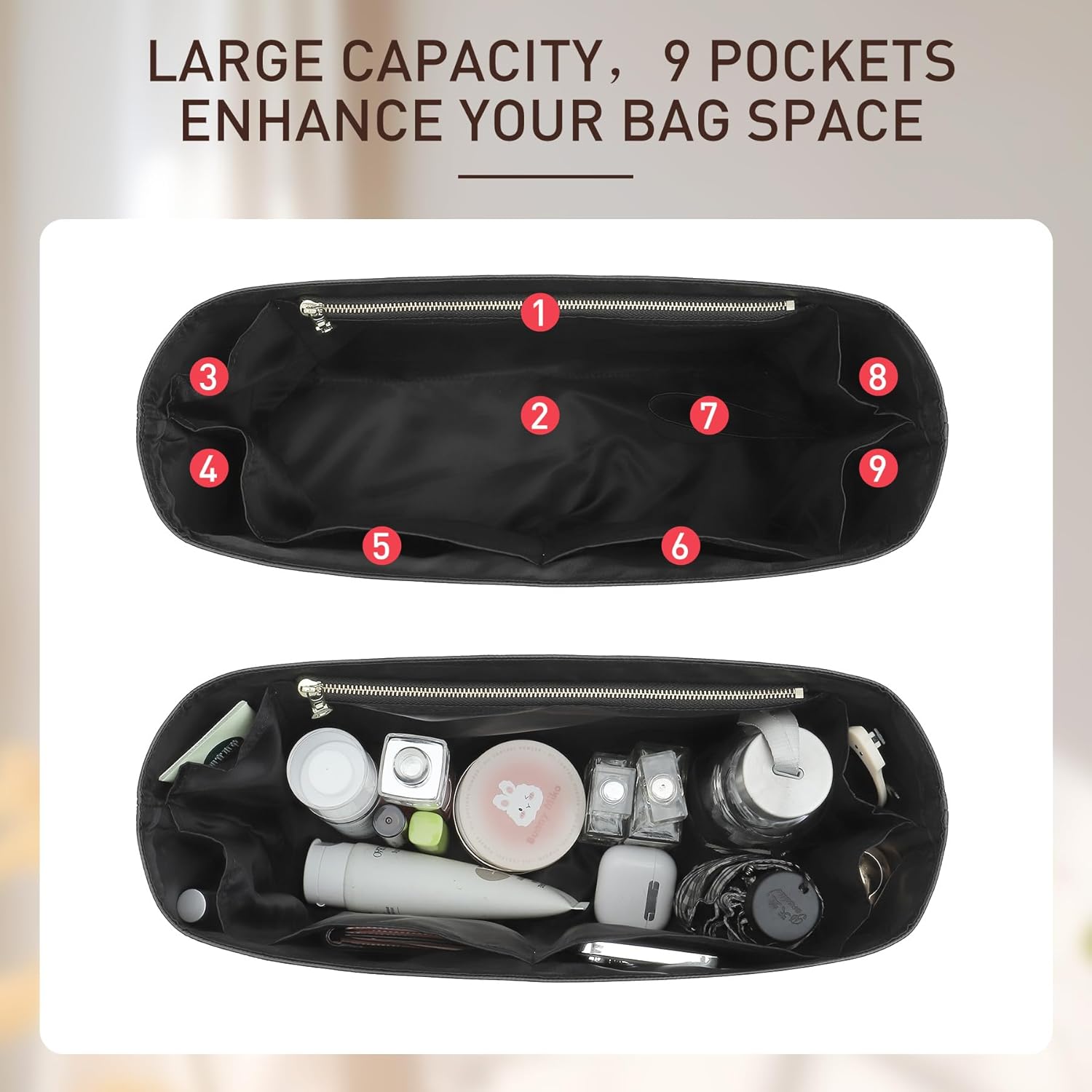 Doxo Purse Organizer Insert for Coach Brooklyn 39 | 9 Pockets with YKK Side Zipper & Elastic Water Bottle Holder | Waterproof Tyvek Bag Organizer for Coach Brooklyn Tote/Shoulder Bag(39, Black)