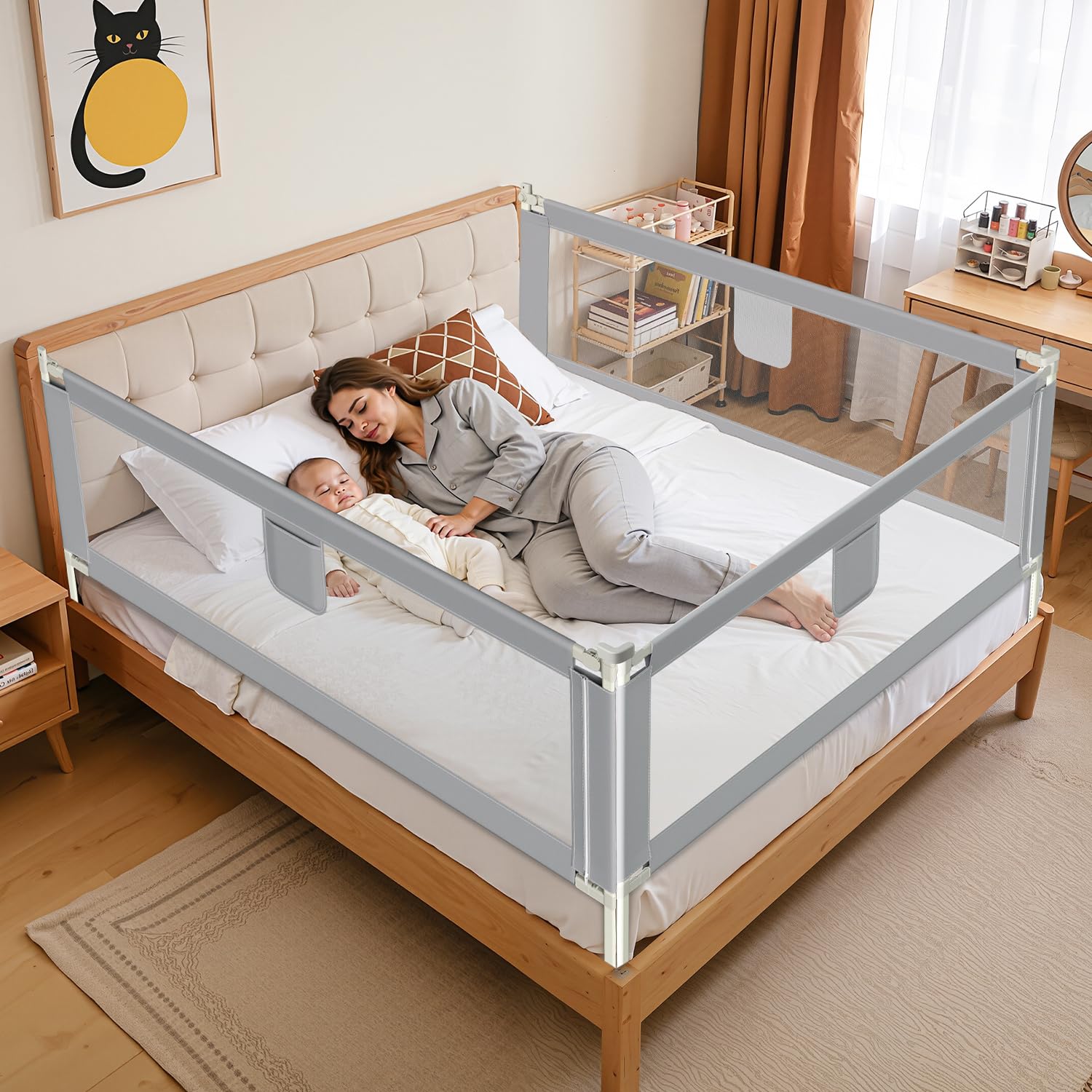 Bettgitter 200x80 cm – Höhenverstellbarer Rausfallschutz Bett mit Sicherheitsverschluss, stabiles Bettschutzgitter für Kinderbett & Elternbett, Eine Seite, Grau