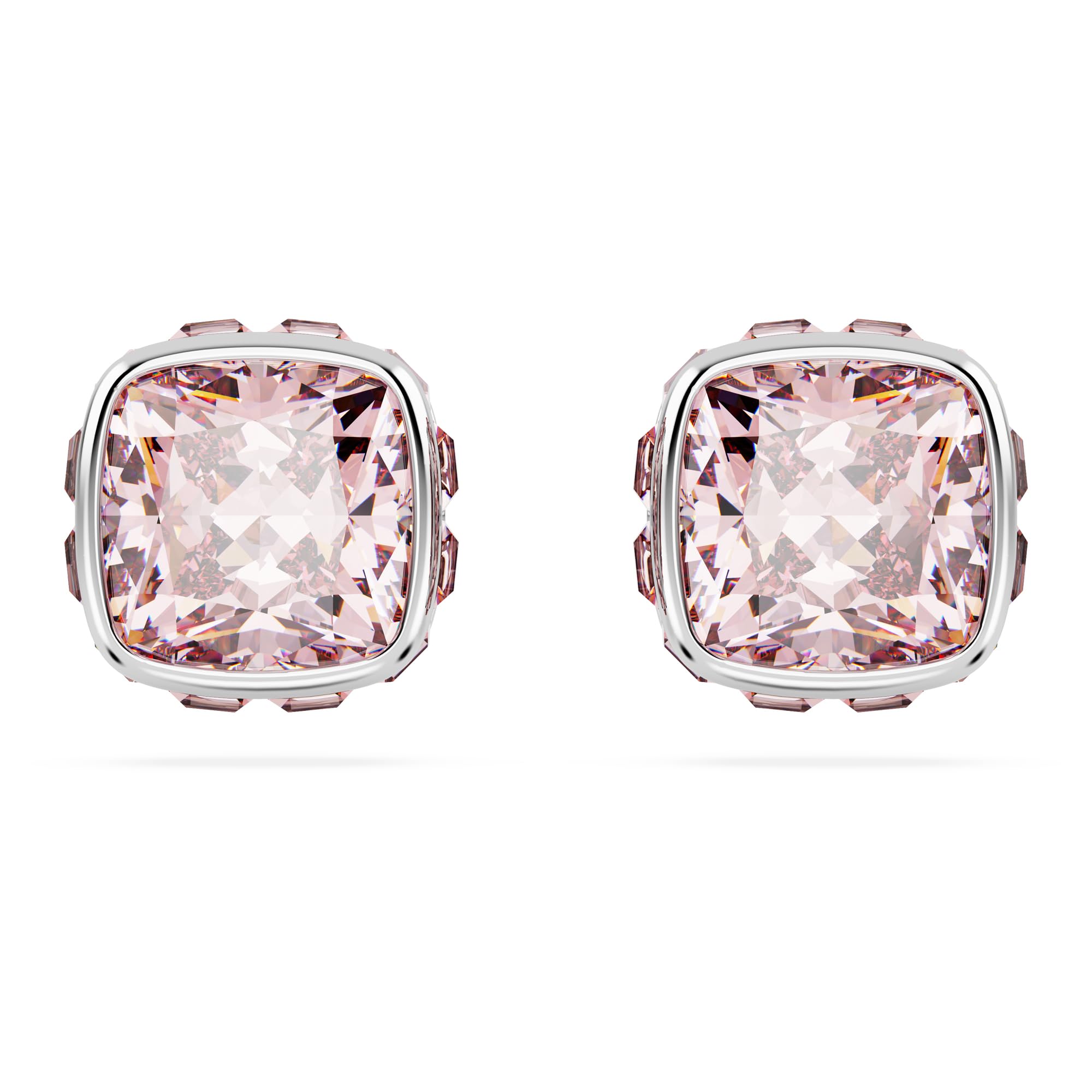 Swarovski Birthstone stud earrings, Square cut, June, Pink, Rhodium plated