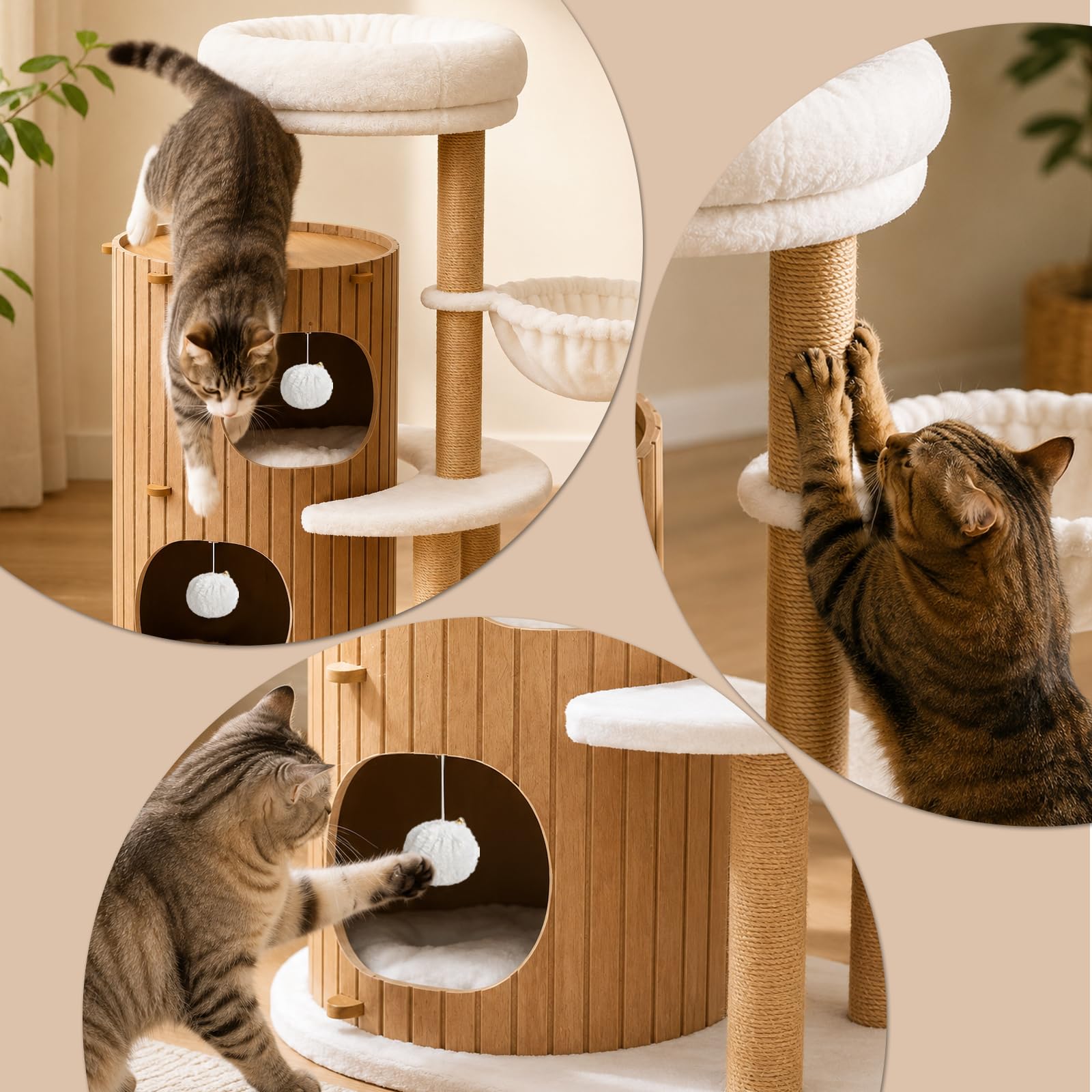 Premium kratzbaum mit 2er Kratztonne, Katzenbaum＆Große Plattformen | Sisalstämme, Kratzrampe, Katzenhaus, Plüschbälle und Katzenbürste für große Katzen