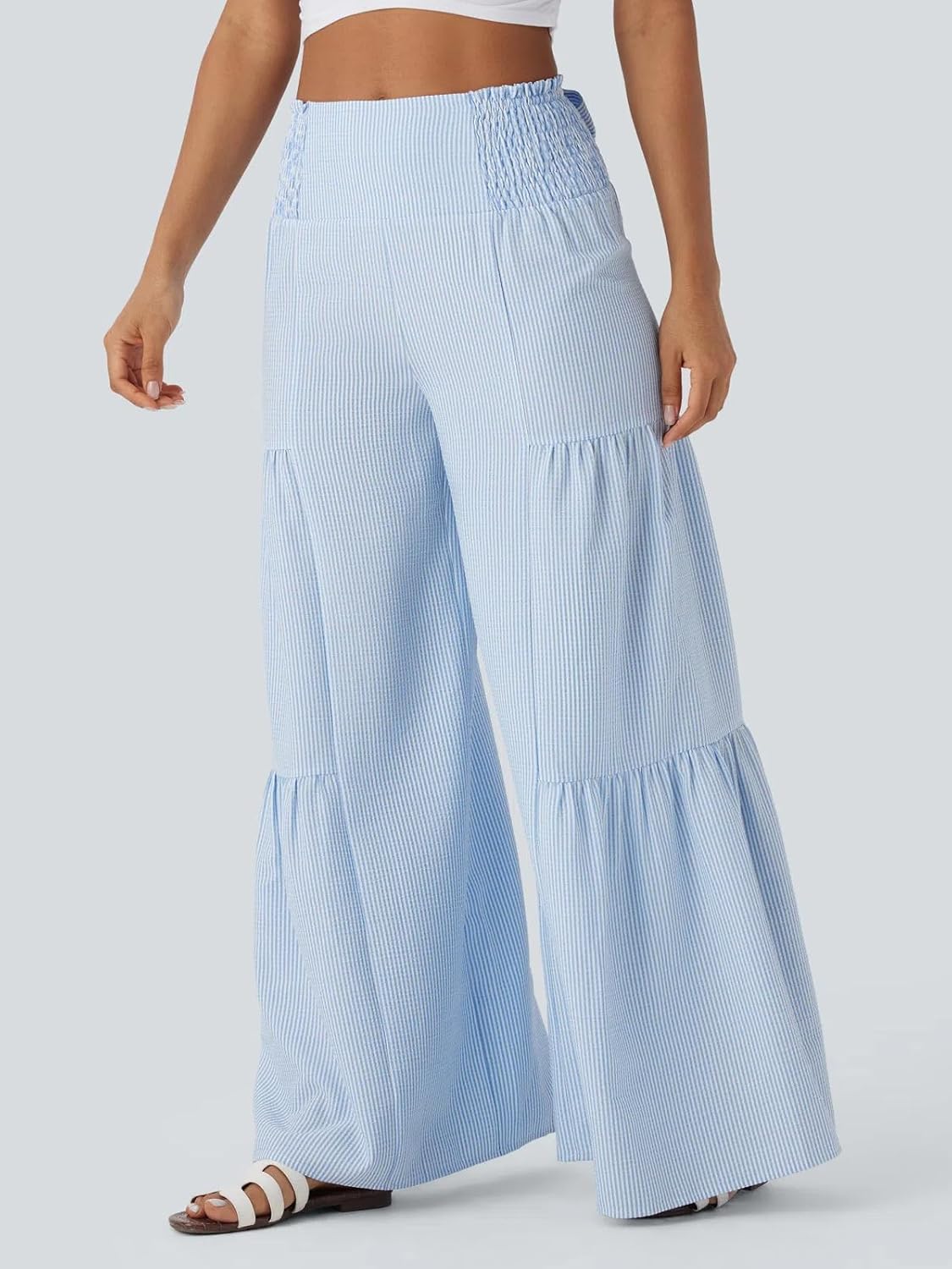 HOULENGS Women's Casual High Waisted Tie Back Striped Pants Lightweight Wide Leg Palazzo Lounge Flowy Long Pants - Image 2