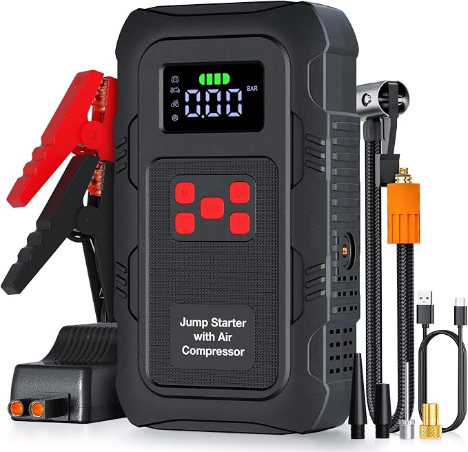 Povasee A1 Jump Starter with Air Compressor unit with LCD display, flashlight, and air hose attached.