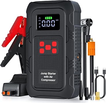 5000A Jump Starter with Air Compressor,A1 Car Jumper Starter with 150PSI Tire Inflator 12V Jump Box with LCD Display,Flashlight,Storage Case Up 10L Gas/8L Diesel Engine