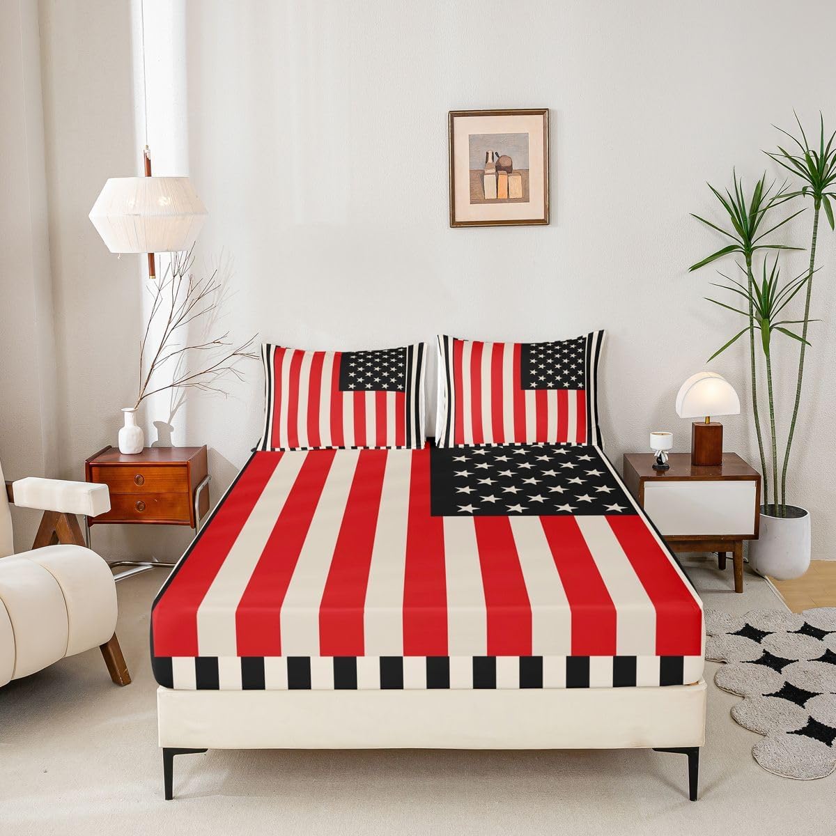 American Flag Fitted Sheet, USA Federations Stars Stripe Bedding Sets for Kids Teens Adult, United States Bed Sheets American Flag Black Red Bedding Decor Set Twin Size 1 Fitted Sheet+1 Pillow Case