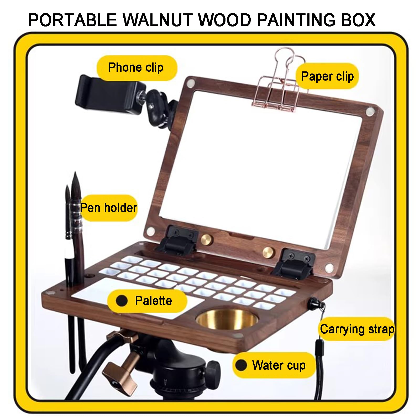 Caja de paleta de madera de acuarela con ranura para pinceles, soportes, taza de limpieza y clip para teléfono para acuarela, gouache y pintura acrílica al aire libre