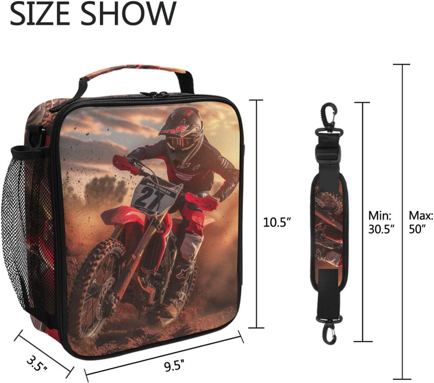 Racing Dirtbike Motorcycle Lunch Box for Girls Boys Insulated Lunch Bag with Adjustable Shoulder Strap Kids Children Thermal Lunchbox Tote Bags Cooler School Office Picnic