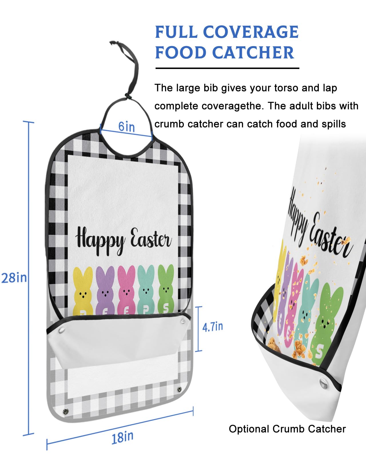 Kewadony Adult Bibs for Elderly Women - Happy Easter Waterproof Dining Clothing Protectors with Crumb Catcher for Eating/Feeding, Spring Colorful Bunny on Black Buffalo Plaid Terry Cloth Bib Washable