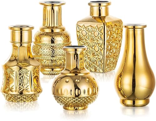 Glasseam Juego de 5 jarrones de flores dorados, pequeños jarrones de vidrio para decoración, jarrones modernos para flores, jarrones decorativos