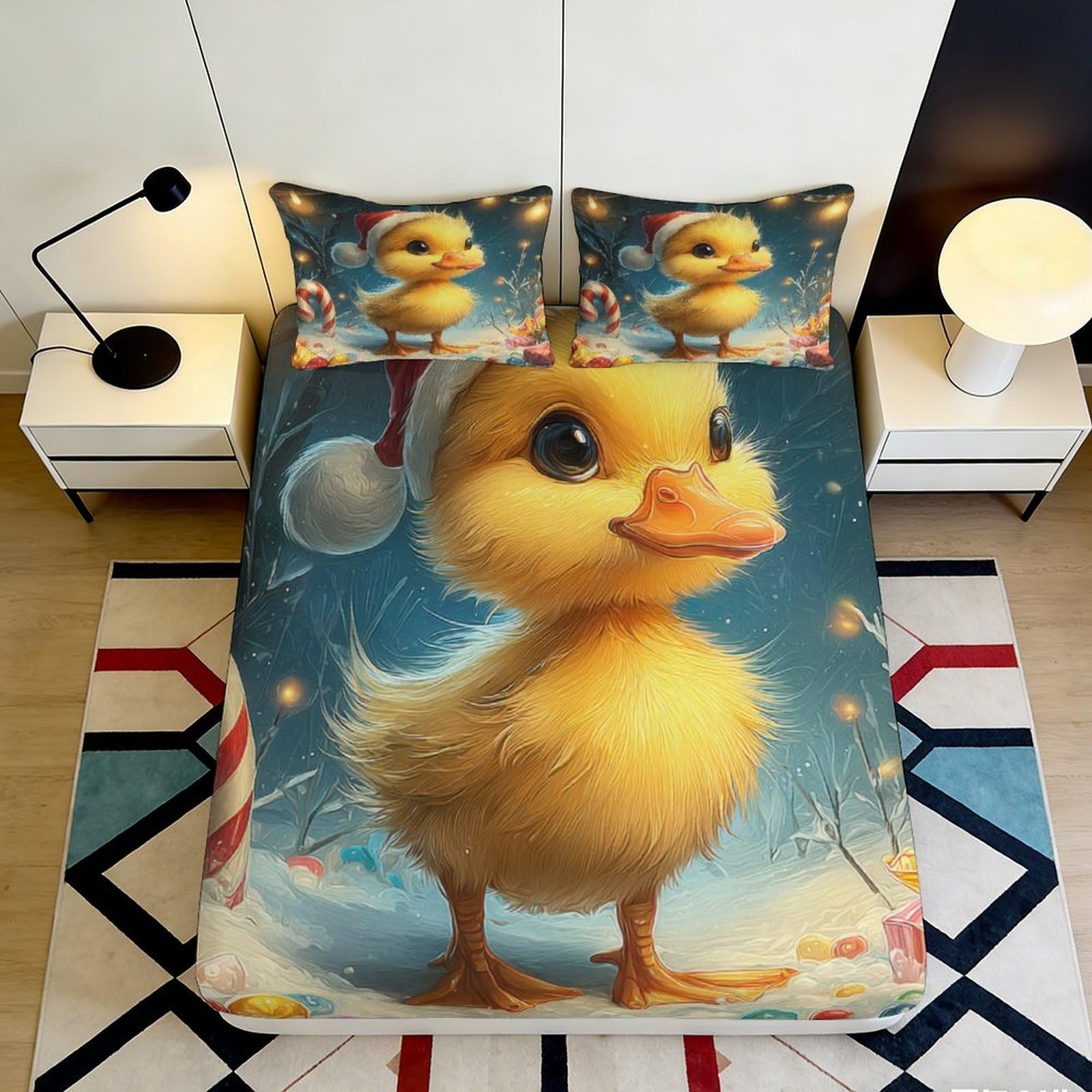 3D Printed Cute Duckling Fitted Sheet Microfiber Soft Breathable Christmas Theme Bed Cover for Bedroom Dormitory Guest Room Mattress Protection 180x200x25cm