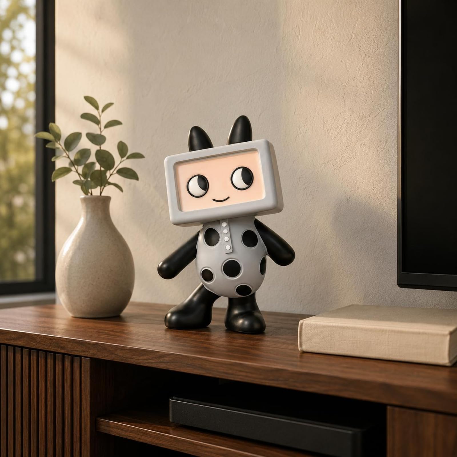 Figurina Televisiva Stile Cartoon Statuetta in Resina Puntolini Neri Statua Decorativa da Scrivania per Soggiorno
