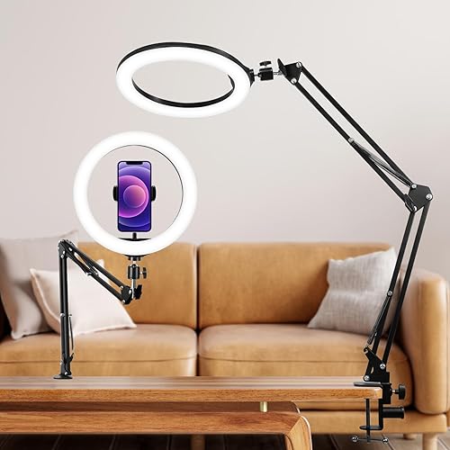 Ring Light with Overhead Phone Mount, Selfie Ring Light with Stand and Phone Holder for Phone, Dimmable LED Desk Ring Light for Video Recording, Vlog, Live Streaming Tiktok, YouTube