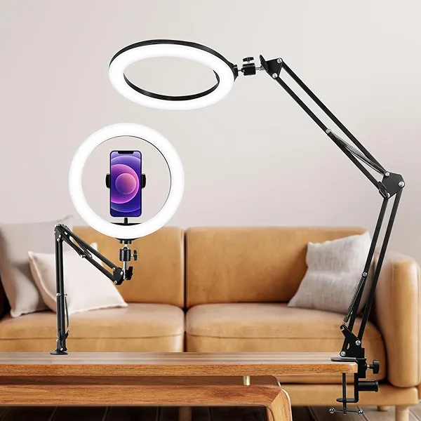 Ring Light with Overhead Phone Mount, Selfie Ring Light with Stand and Phone Holder for Phone, Dimmable LED Desk Ring Light for Video Recording, Vlog, Live Streaming Tiktok, YouTube