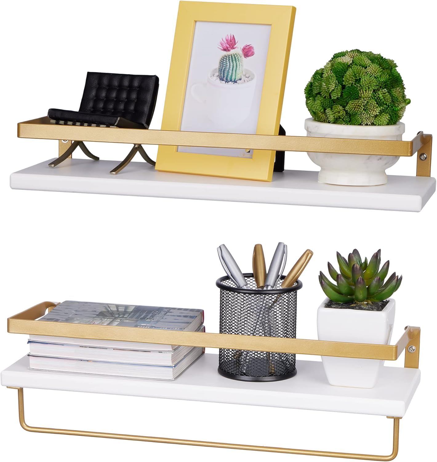 SMART HOME TRADINGS: Multipurpose & Multiroom Storage Solution 2 x White & Gold Wall Mounted Floating Shelves With Detachable Bar for Kitchen, Bedroom, Office, Bathroom, Living Room and Garages.