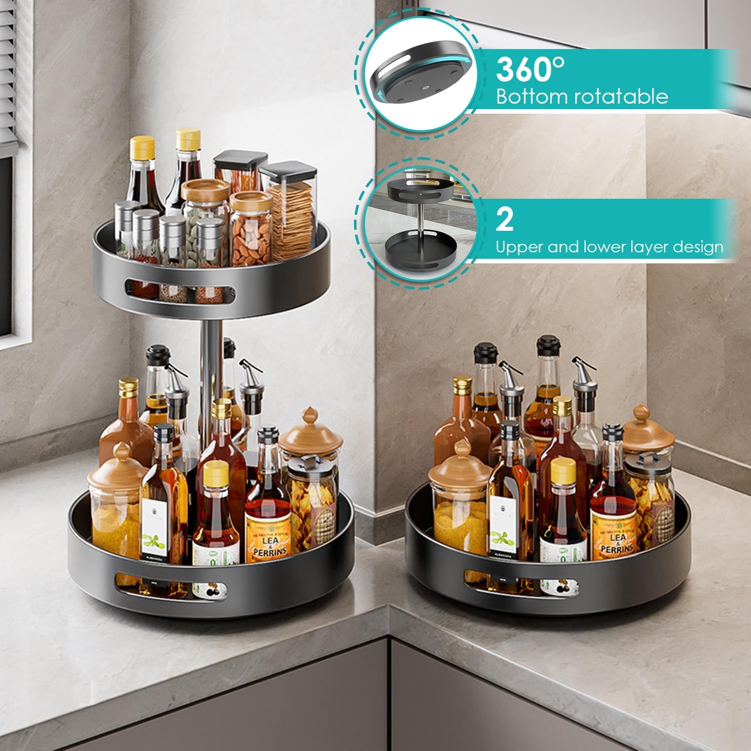 2 Tier Lazy Susan Organizer, Metal Kitchen Lazy Susan Turntable for Cabinet, Rotating Spice Rack Pantry Lazy Susans Turntable Organizer
