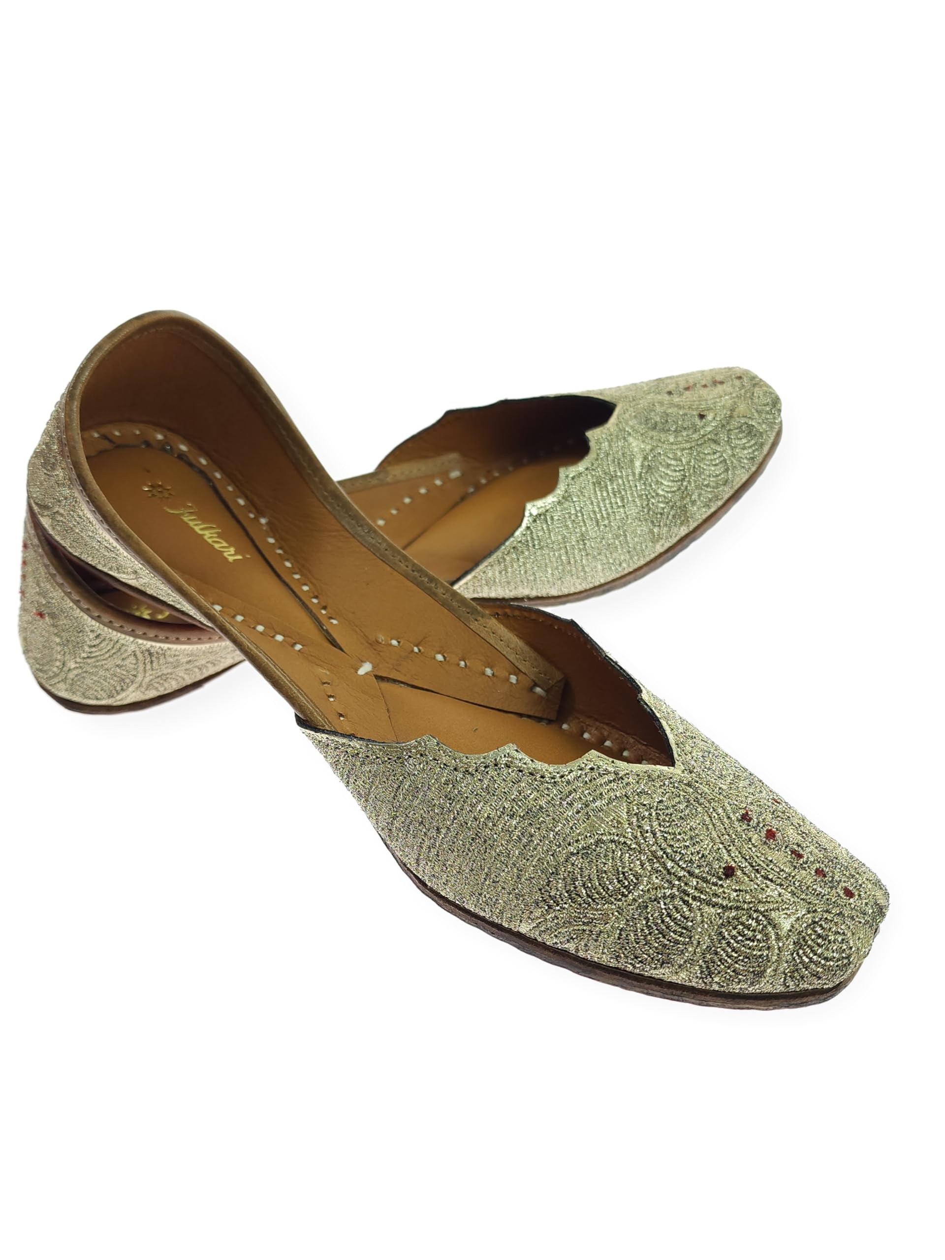 Women Ambi Gold Genuine Soft Leather Embroidered Jutis | Bite and Pinch Free Jutti | Punjabi Formal Juttis | Girl's Wedding Flat Ladies Mojari | Formal Ethnic Juti |-image-23