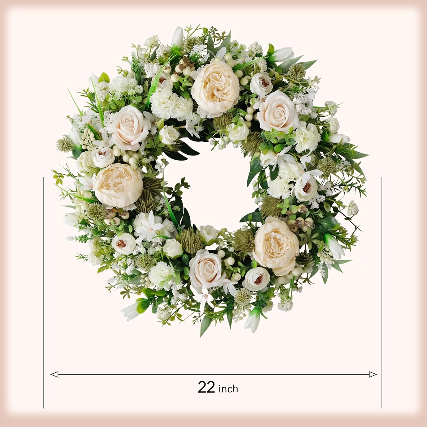 Artificial Floral Wreath for Front Door, 22" White Peony Rose Wreath for Indoor Outdoor Home Wall Window Wedding Decorations