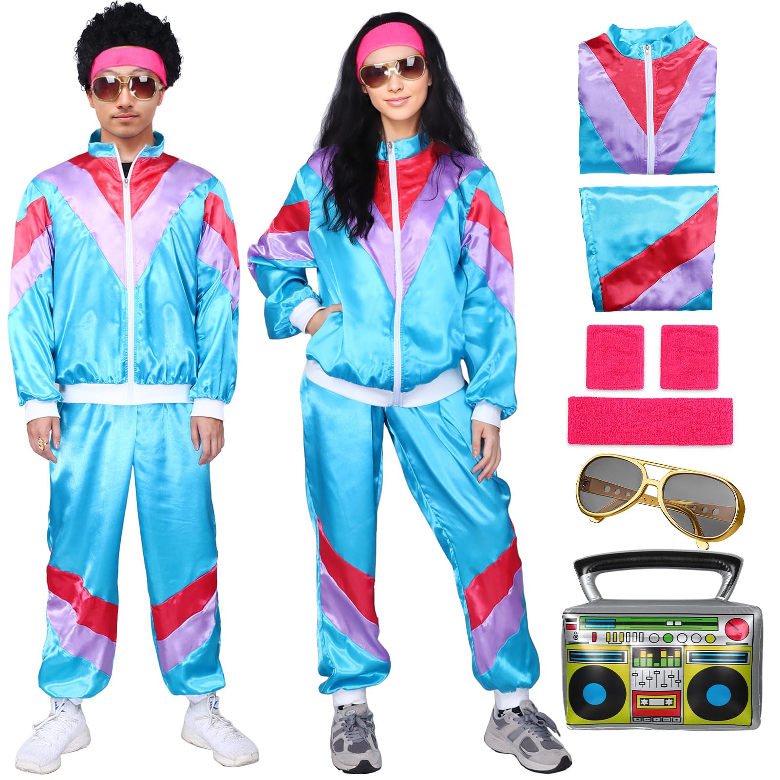 80s 90s Fancy Dress Costume Men Women Adults, Shell Suit Rave Tracksuit Retro Outfit Jacket Hip Hop Rapper Disco Accessories Carnival Halloween Party (Color 1, M)