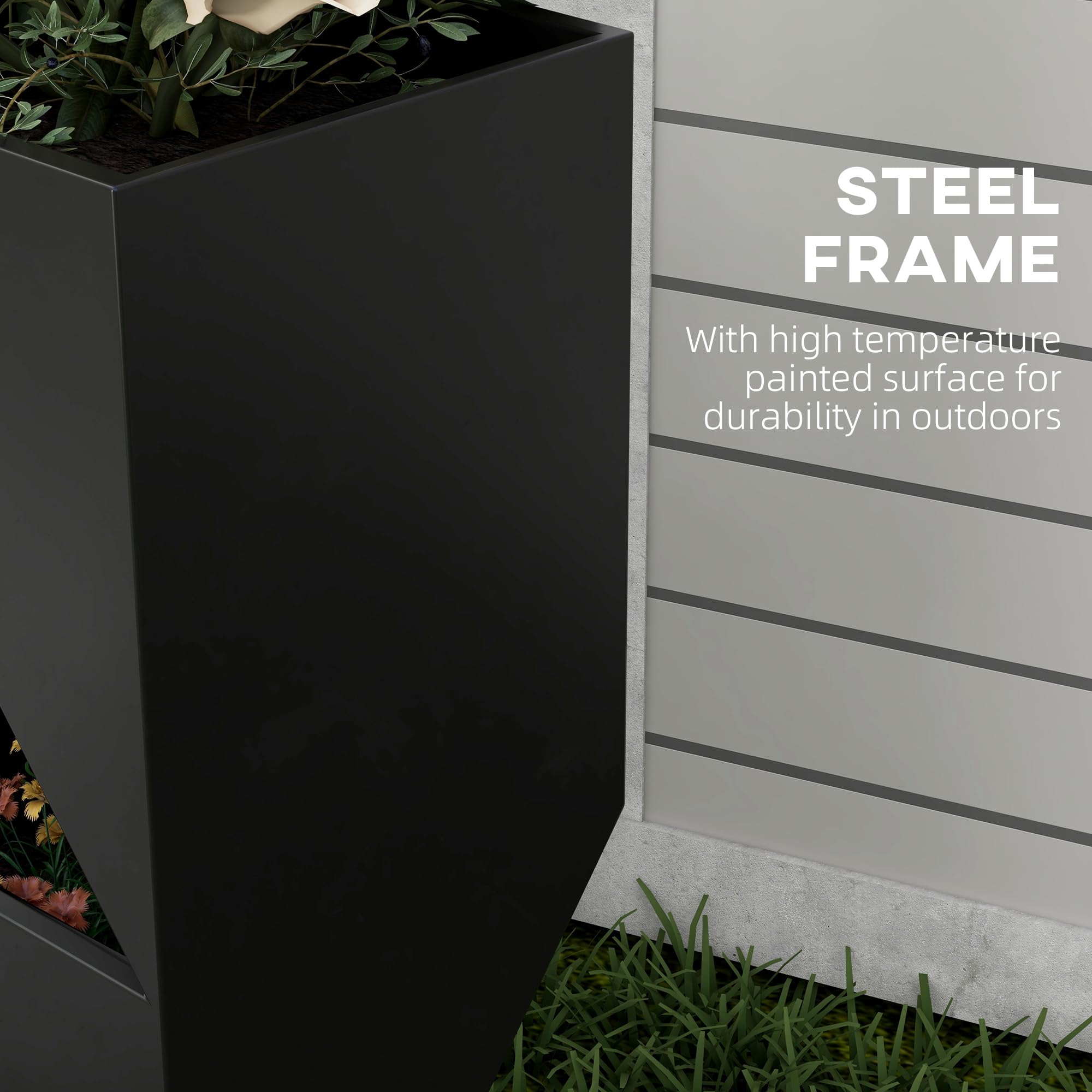 Outsunny 3-Zone Außenpflanzkübel mit Drainage 30x30x100cm Schwarz | Metall Pflanzentopf für Innen