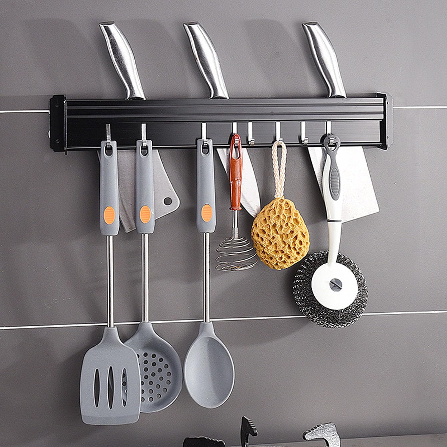 JCAKES Kitchen Soporte Utensilios Cocina 40 cm,Colgador Utensilios de Aluminio con 8 Ganchos Móviles,Soporte de cocina,Gancho de cocina, Sostenedor de Utensilios Cocina para Cocina/baño (Negro)