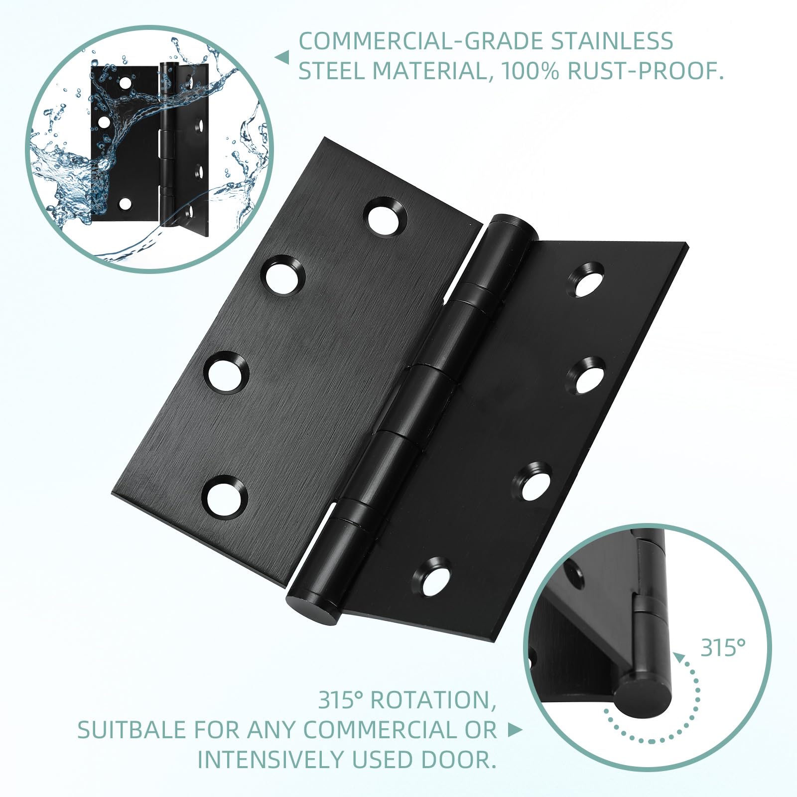 Paquete de 6 bisagras de puerta de 4.5 x 4.5 pulgadas, bisagras de acero inoxidable resistentes con rodamientos de bolas con esquinas cuadradas, color negro