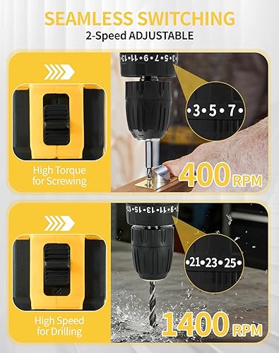 Miniatura 5 de Taladro inalámbrico - 25+3 torque, motor sin escobillas, taladro eléctrico de 1500 RPM con 2 baterías, luz LED, juego completo de taladro y estuche