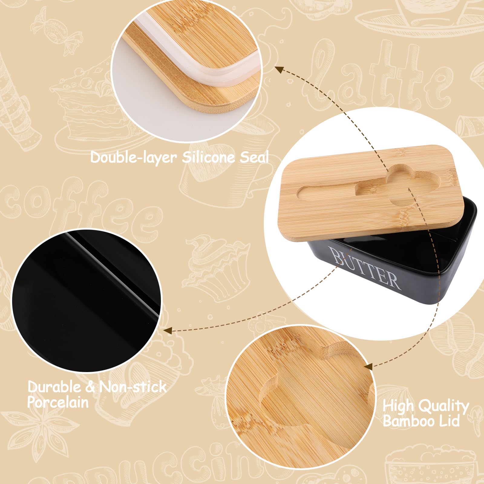ASelected 650 Ml Large Butter Dish With Lid, Porcelain With Double Silicone Seals Cover for Cheese Storage (Black) - Image 3