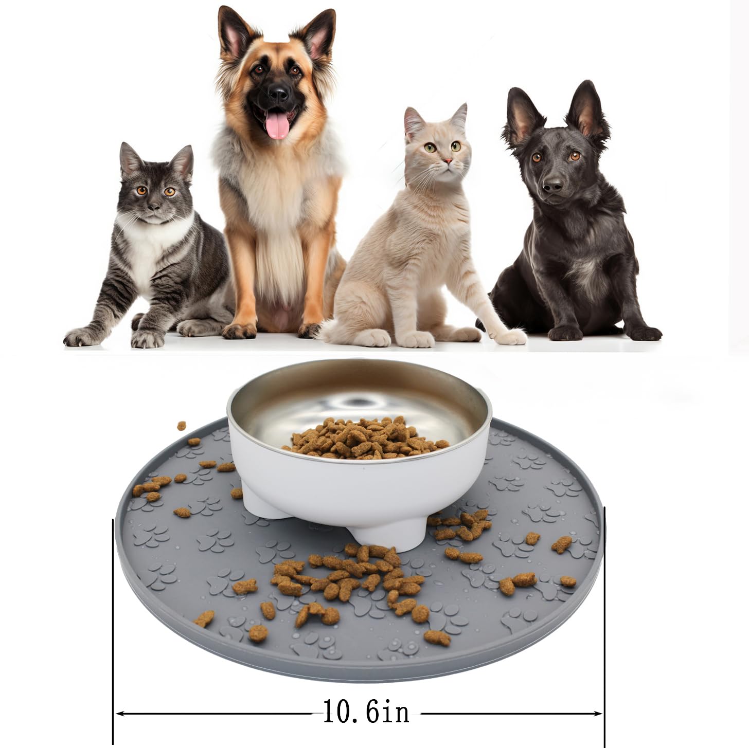 Silicone pet Food mat, Dog Food and Water mat, Raised Edge Rubber mat for Dog Bowls, Prevents Food and Water from staining Floors, Suitable for Small and Medium Pets?10.6'' (Gray - Odorless)