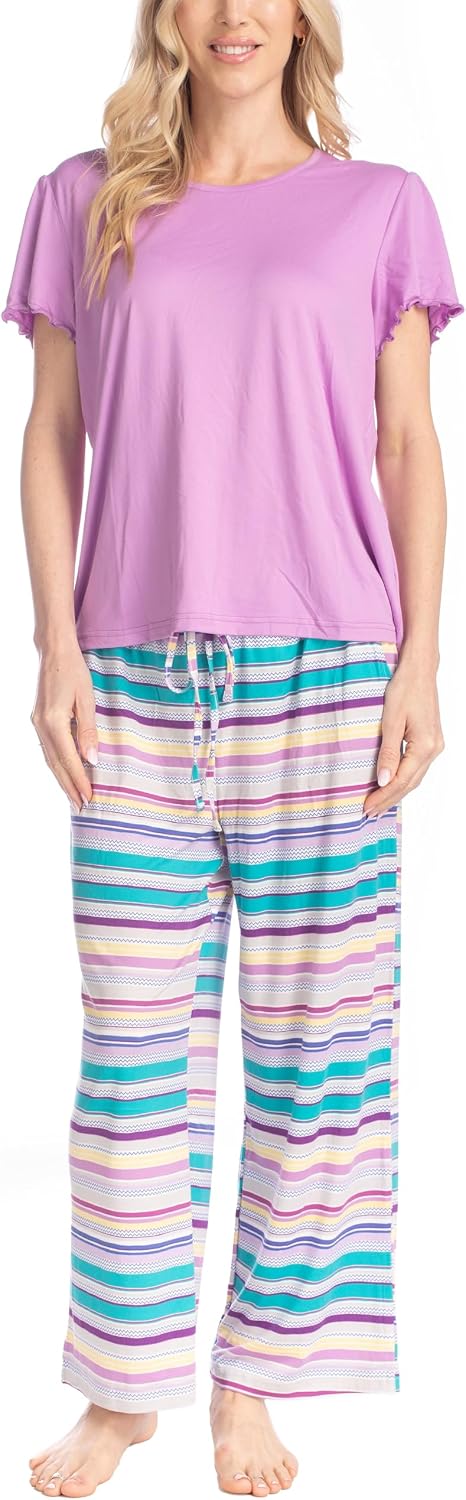 MUK LUKS Short Sleeve Pajama Set 2-Piece, Ruffle Sleeve Shirt and Capri Sleep Pants, Artistic Garden, Pijamas Capri de Mujer