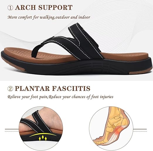 COFACE Womens Orthotic Flip Flops Ladies Slip On Yoga Mat Cushion Leather Thong Flat Sandals Summer Beach Pool FlipFlops Sandles Comfortable Plantar Fasciitis Arch Support Black Khaki Size 10 thumbnail 3