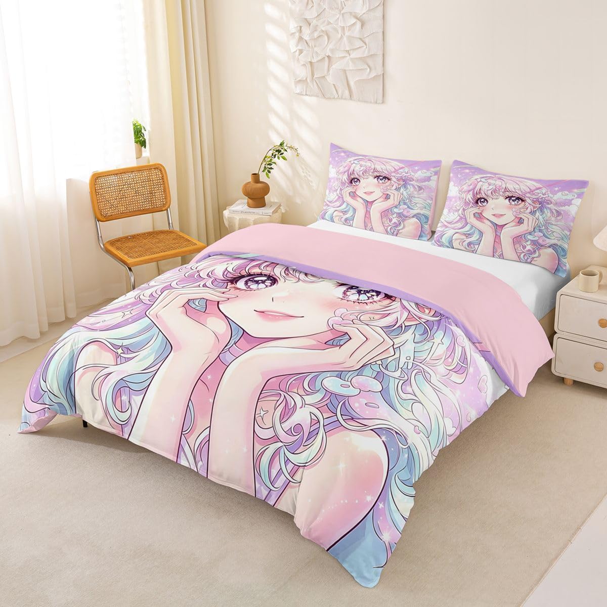Feelyou Anime Girl Duvet Cover King Size Boys Girls Japanese Girl Bedding Set Breathable Soft Japanese Anime Comforter Cover 3Pcs Kawaii Bedroom Decor No Comforter Microfiber Zipper Closure image 2