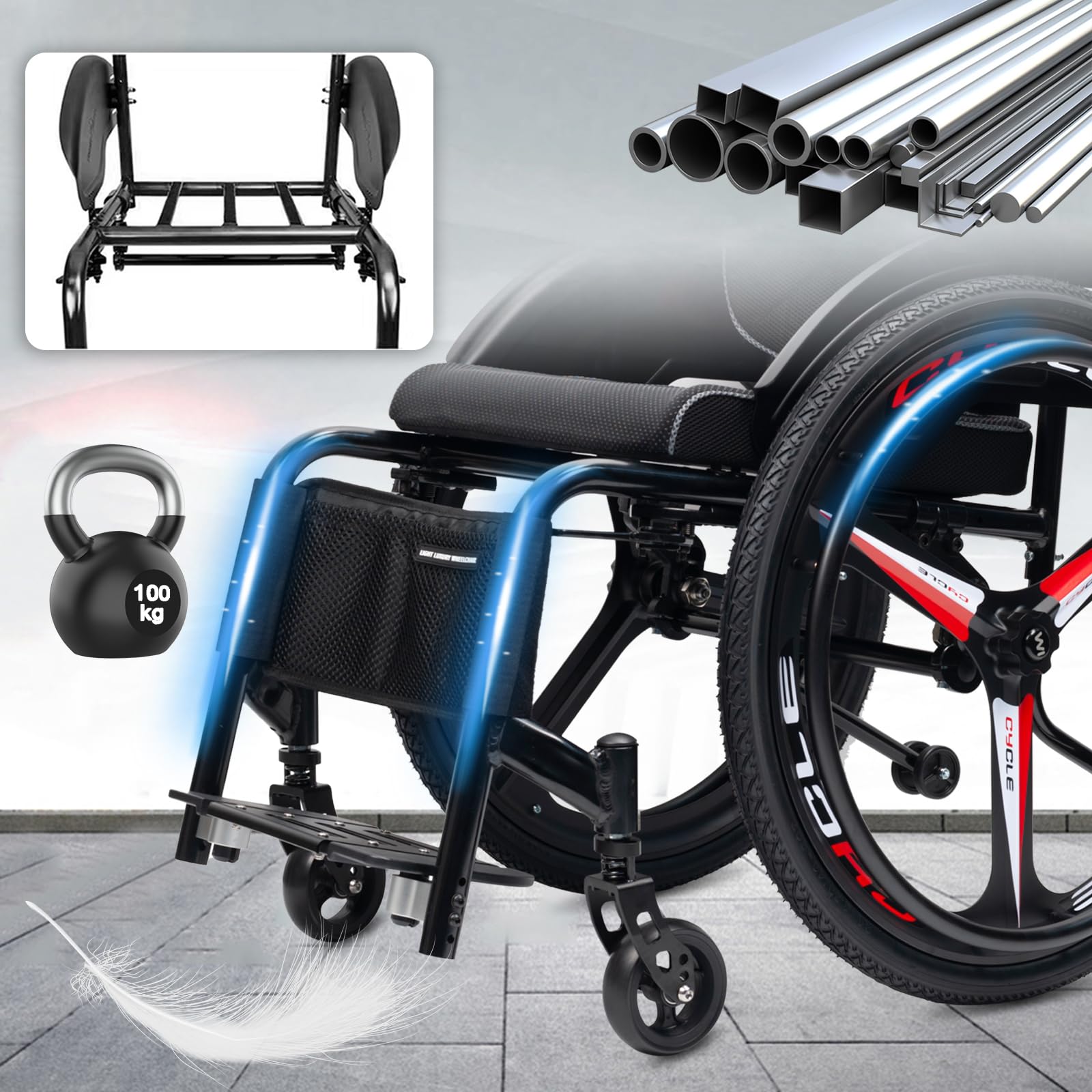 Super lekki wózek inwalidzki z aluminiową ramą, wózek inwalidzki do uprawiania sportu, regulowany podnóżek, transportowe wózki inwalidzkie, ergonomiczny i wygodny, do obciążenia 100 kg