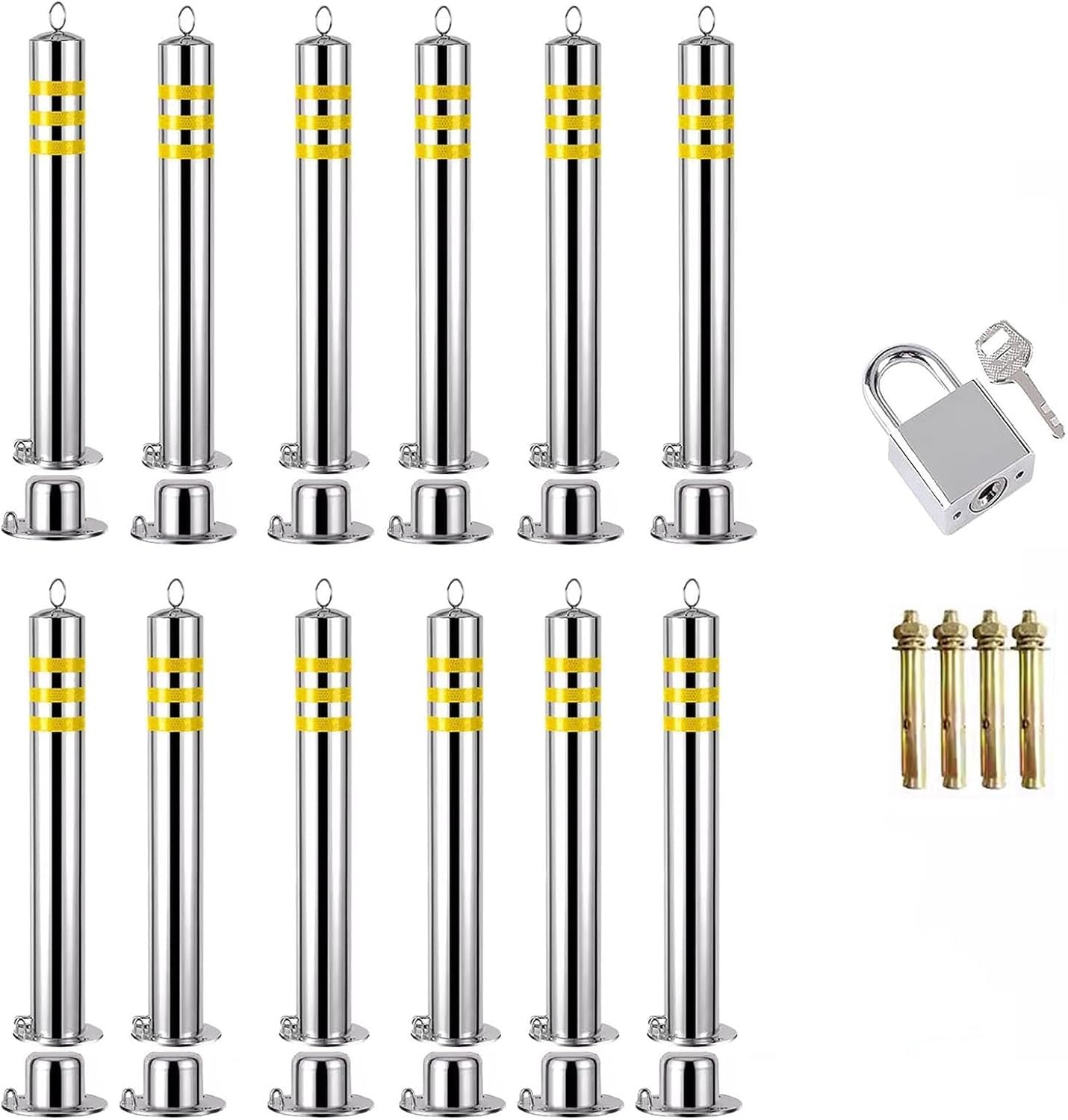 Delineator Post Cone Driveway Caution Sign 24in 30in 35in 44in Driveway Security Bollards Kit, Conspicuous Removable Driveway Barrier Stanchion With Padlock, Stainless St,12 Pack-H 35inch/90cm