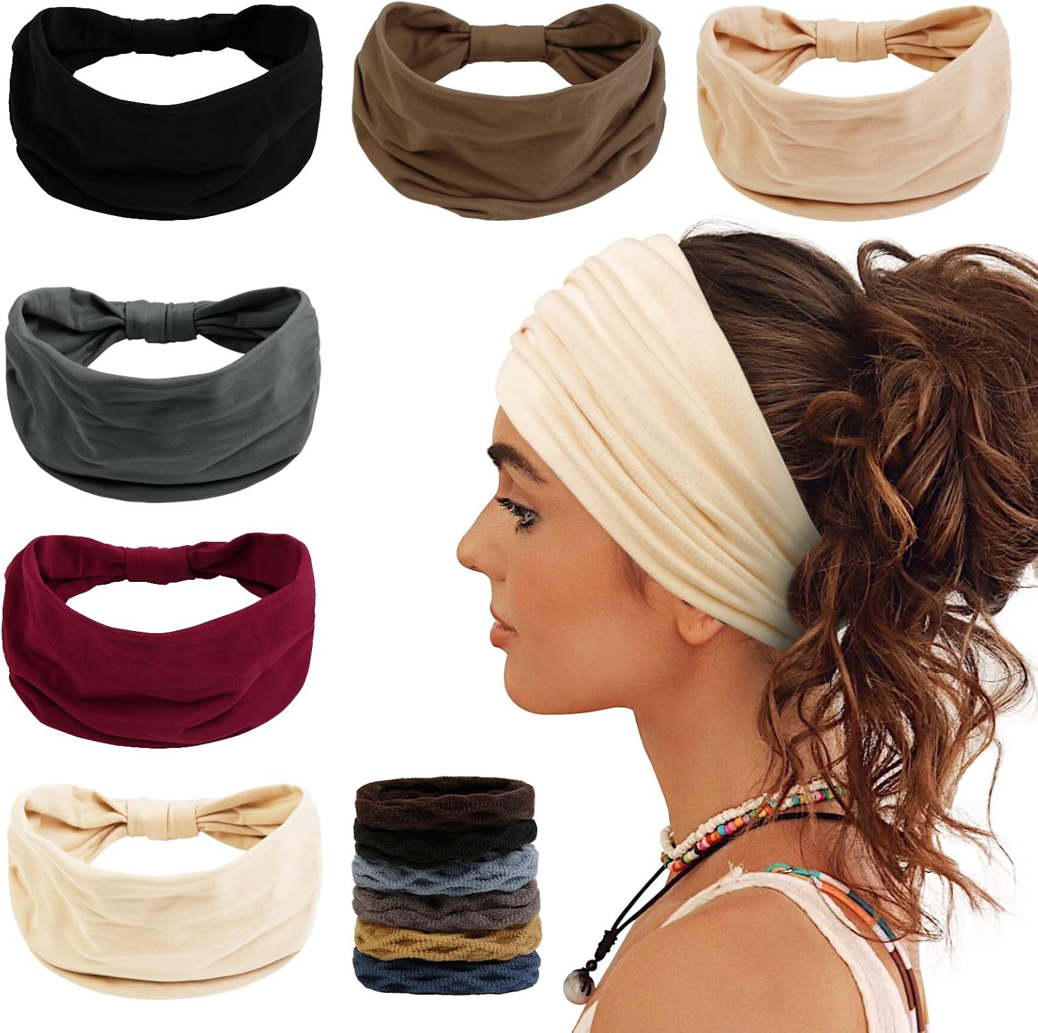 AIBFRID 6 Packs Wide Headbands for Women Non Slip with 6PCS Hair Ties, Soft Head Bands for Women’s Hair Yoga Workout Gym Bandanas Head Scarf Thick Knotted Cloth Fabric African Womens Hair Accessories