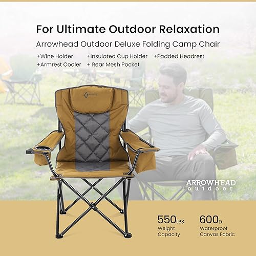 Miniatura 4 de ARROWHEAD OUTDOOR Silla plegable portátil de lujo para campamento con reposacabezas, portavasos y vidrio, enfriador de 6 latas, bolsa de transporte