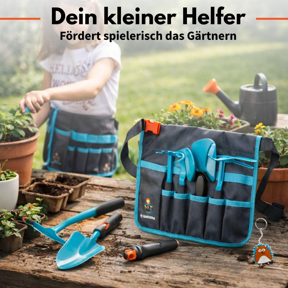 Happy People 16866 Gardena Gartentasche Set mit Gartenwerkzeug für Kinder Gartenspielzeug Outdoor Pflanzen Schaufel Harke Rechen
